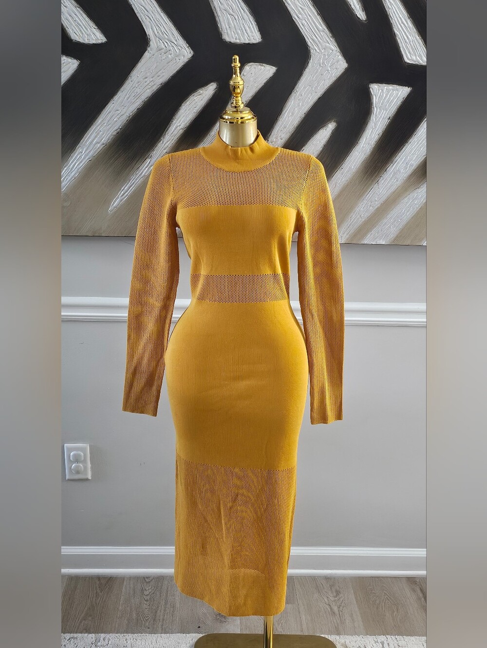 Hera Collection Mustard Yellow Mesh Panel Bodycon Maxi Dress Size Large